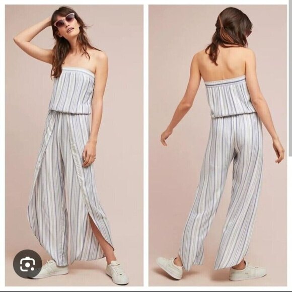 DREW Striped‎ Strapless Flowy Wide-Leg Jumpsuit Elastic Waist Bohemian Chic S - Picture 1 of 8